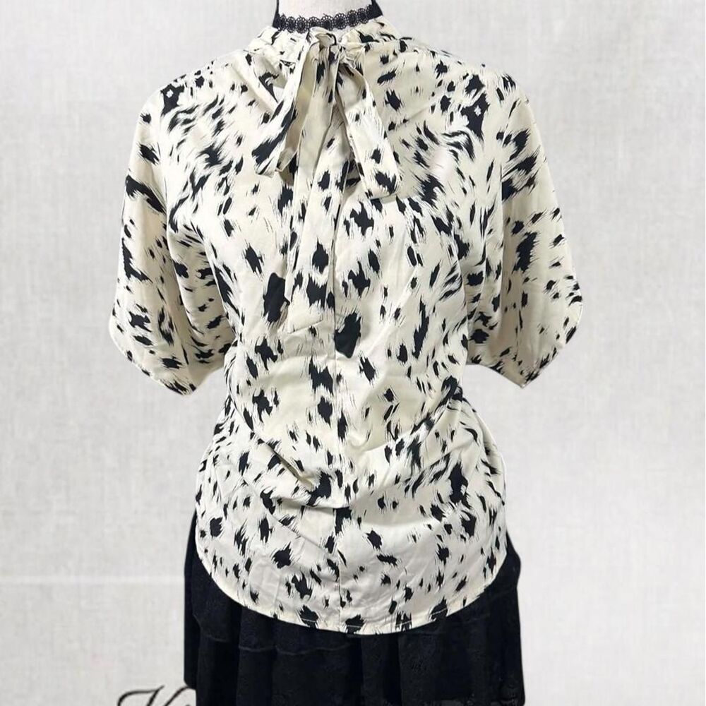 Vintage Style Office Black and White Spotted Tie Neck Blouse